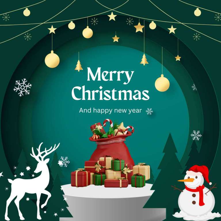 Rudolph and gifts is lying on Green & White Minimalist background with Merry Christmas messages